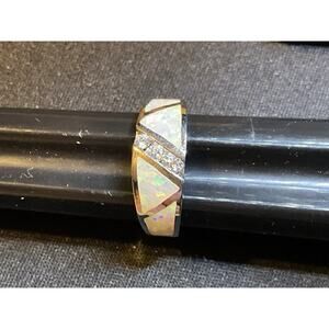 Size 7 925 Sterling Silver FAS Opal, Diamond Ring